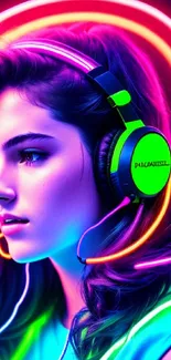 Colorful neon wallpaper featuring a girl with futuristic headphones.