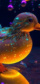 Glowing neon duck with vibrant colors and futuristic design.