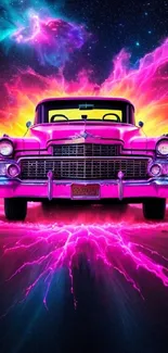 Vibrant neon vintage car against cosmic background.