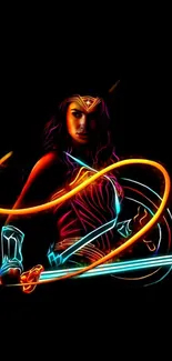 Neon-lit warrior art with vibrant colors on a black background.