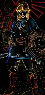 Neon-style warrior with sword and shield on black background.