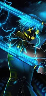 Futuristic neon warrior with glowing swords on a vibrant blue background.