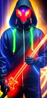 Neon warrior in a hoodie with glowing sword and vibrant lights.