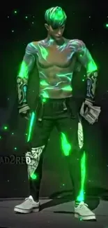 Neon green warrior with glowing effects on a dark background.