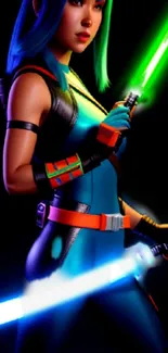 Neon-clad warrior in sci-fi wallpaper with green and blue colors.