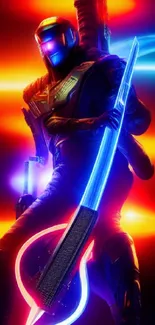 Neon warrior with futuristic design and vibrant colors.