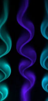 Vibrant neon waves in blue and purple on a black background wallpaper.