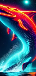 Neon whale leaps through ocean waves under starry sky in vibrant digital art.