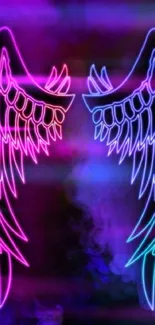 Vibrant neon wings in pink and blue, set against a smoky backdrop.