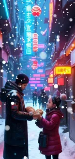 Vibrant neon-lit snowy alleyway scene with two people enjoying winter.