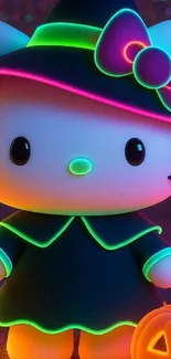Neon-themed witch cat with pumpkins