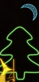 Neon witch with glowing tree and moon on black background.