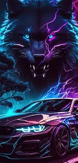 Neon wolf and car artwork with electric colors and wild energy.