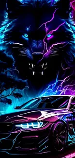 Neon wolf and sports car art wallpaper with electric blue and purple hues.