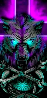 Dark neon wallpaper featuring a wolf with glowing eyes and a purple cross.