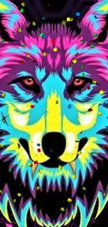 Neon wolf head with confetti in vibrant colors.