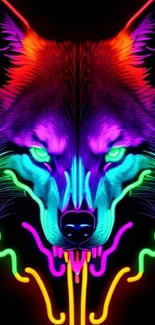 Neon wolf artwork with vibrant colors and intricate design as mobile wallpaper.