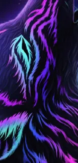 Neon wolf with vibrant purple, blue, and pink colors on a digital art wallpaper.