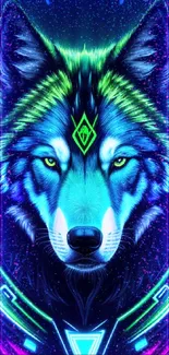 Neon wolf artwork with vibrant blue and green hues.