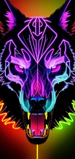 Neon wolf head with vibrant colors and intricate design.