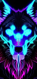 Neon wolf art wallpaper in blue and pink hues, ideal for mobile displays.