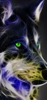 Neon wolf with glowing green eyes in digital art style.