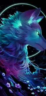 Neon wolf with vibrant colors in a fantasy setting.