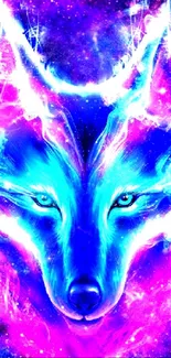 A neon wolf in a purple and blue galaxy setting with cosmic energy.