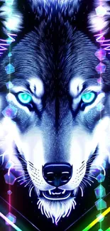 Neon wolf with glowing eyes in a digital art style.