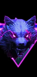 Vibrant neon wolf head with purple glow against dark background.