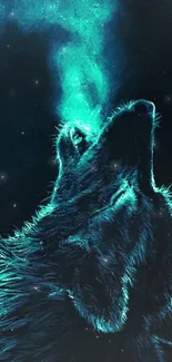 Neon blue wolf howling against a dark background.