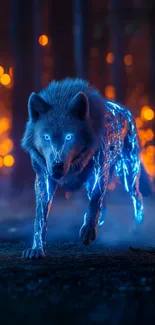Neon wolf glowing in a dark enchanted forest.