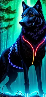 Neon wolf standing in an enchanted forest with glowing blue accents.