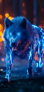 A glowing neon wolf prowls in a mystical forest setting.