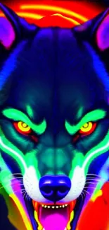 Vibrant neon wolf design for mobile wallpaper with striking colors.