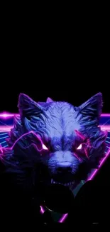 Neon wolf head with purple glow on a black background.