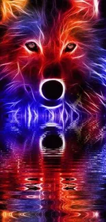 Neon wolf reflected in water with red and blue glowing lines.