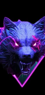 Neon wolf head with a retro vibe on a dark background.