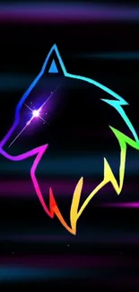 Neon wolf silhouette with rainbow colors on a black background wallpaper.