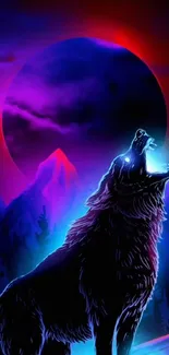 Neon wolf howling against a vibrant, cosmic night sky with a glowing moon.