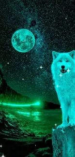 Neon wolf standing under a glowing starry sky with a bright moon.