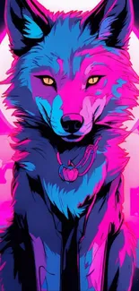 Neon wolf art with glowing eyes in pink and blue hues, futuristic wallpaper.