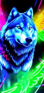 A neon wolf with vibrant, colorful wings glowing brightly.