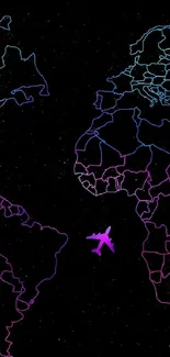 Neon world map with airplane silhouette on black background.