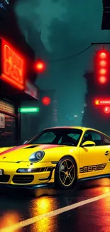 Stylish yellow sports car under neon lights in urban setting.