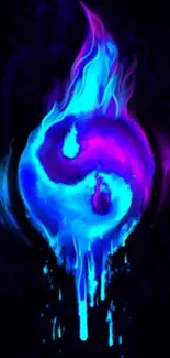 Neon yin yang wallpaper with blue and purple fluid art.