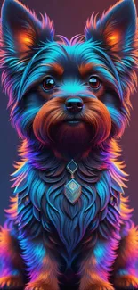 Neon Yorkie dog with glowing fur in digital art wallpaper.