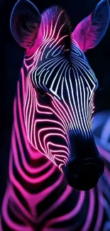 Vibrant neon zebra with glowing stripes on a dark background.