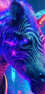 Neon cyberpunk zebra with glowing effect.