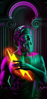 Vibrant neon Zeus statue. Purple and green glow.